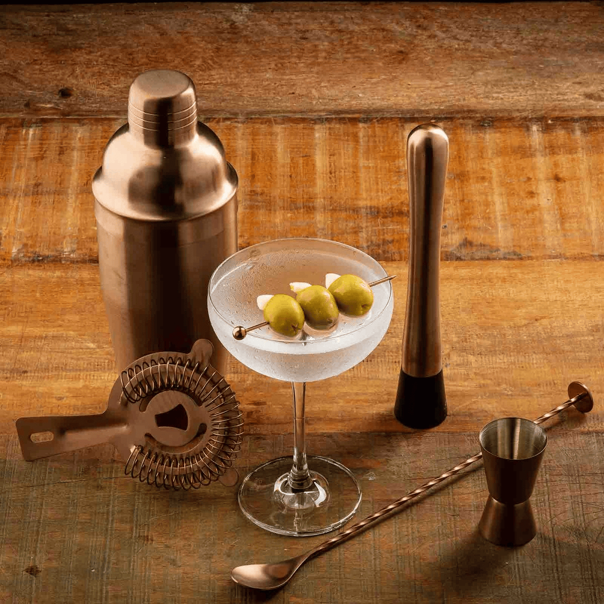 Kit de Mixología Acero Inoxidable Bronce 5 Piezas